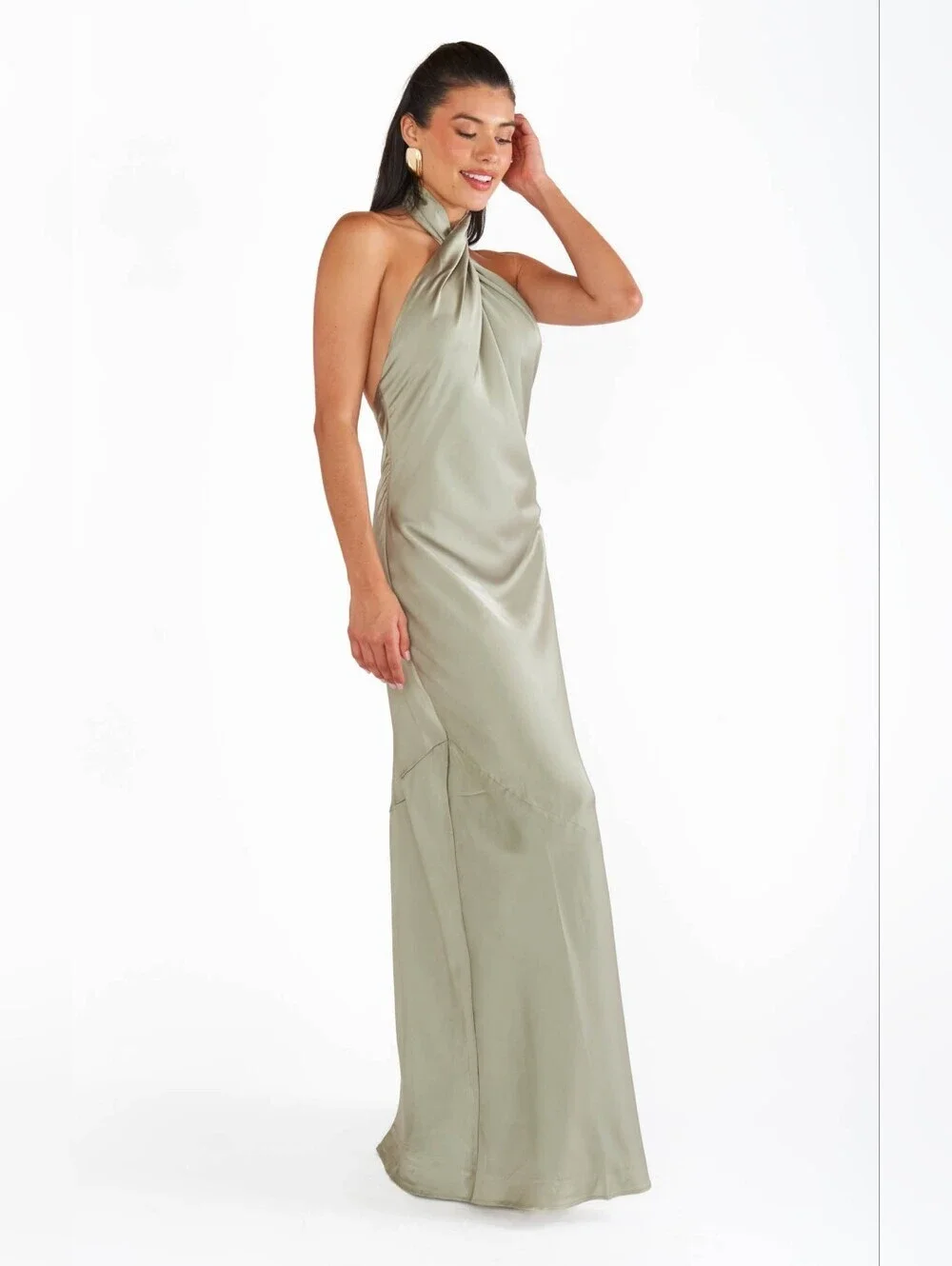 Show Me Your MuMu Jasmine Halter Maxi Moss Green Luxe Satin Dress XS Wedding